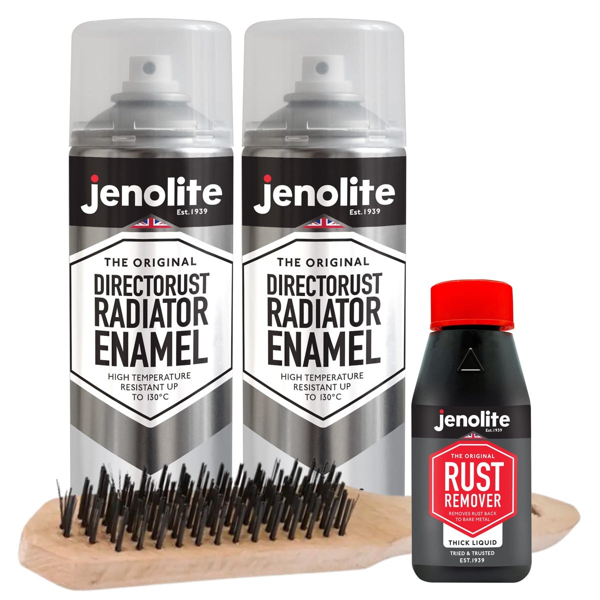 Radiator Restoration Kit - 2 x Silver Radiator Paint 400ml, 150ml Thick Liquid Rust Remover & Wire Brush
