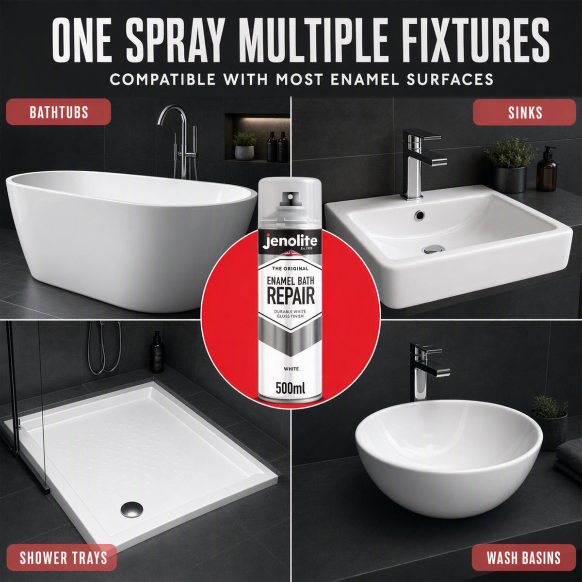 Enamel Bath Repair Spray Paint 500ml - White Gloss Finish - Baths, Sinks & Shower Trays